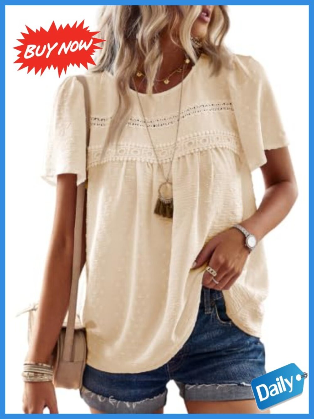 Womens Boho Crochet Lace Short Sleeve Tunic Top Loose Fit Casual Blouse